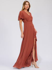 WOMEN'S SHORT SLEEVE SURPLICE FRONT SLIT MAXI GOWN DRESS