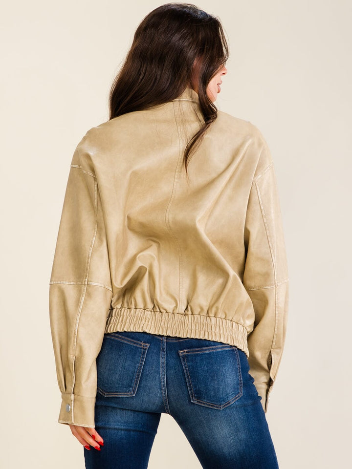 WOMEN'S LONG SLEEVE BUTTON CLOSURE ZIP UP FRONT POCKETS PU PLEATHER JACKET