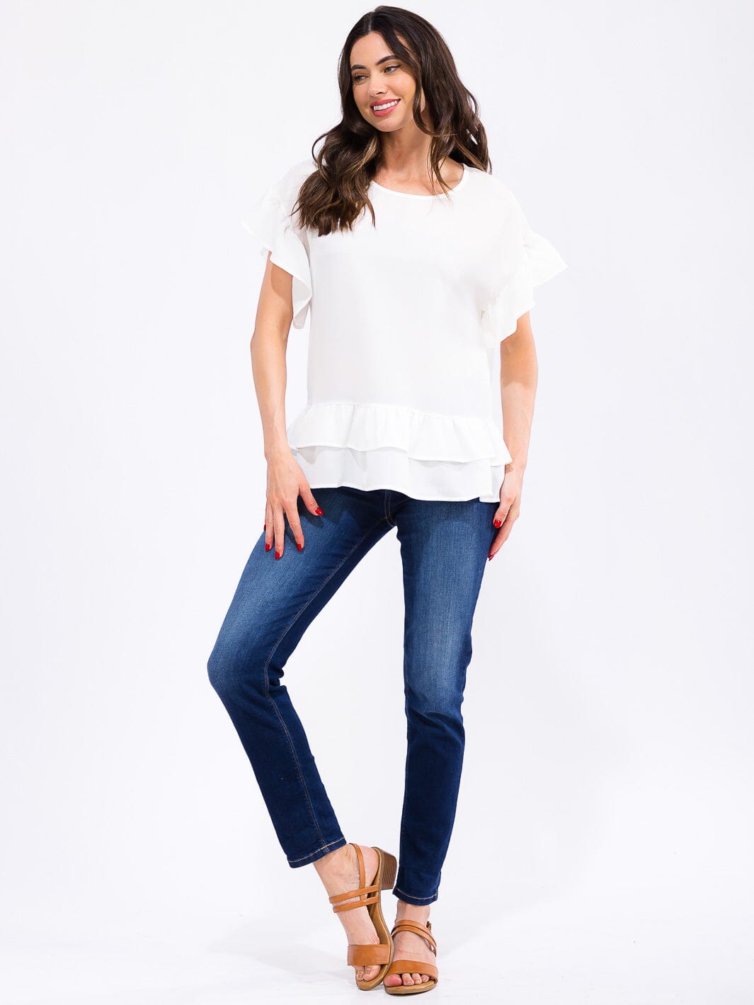 WOMEN'S SHORT RUFFLE SLEEVE TIERED BLOUSE