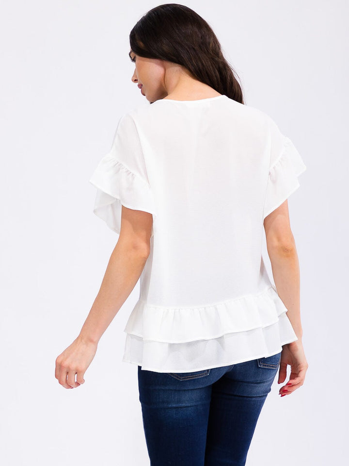 WOMEN'S SHORT RUFFLE SLEEVE TIERED BLOUSE