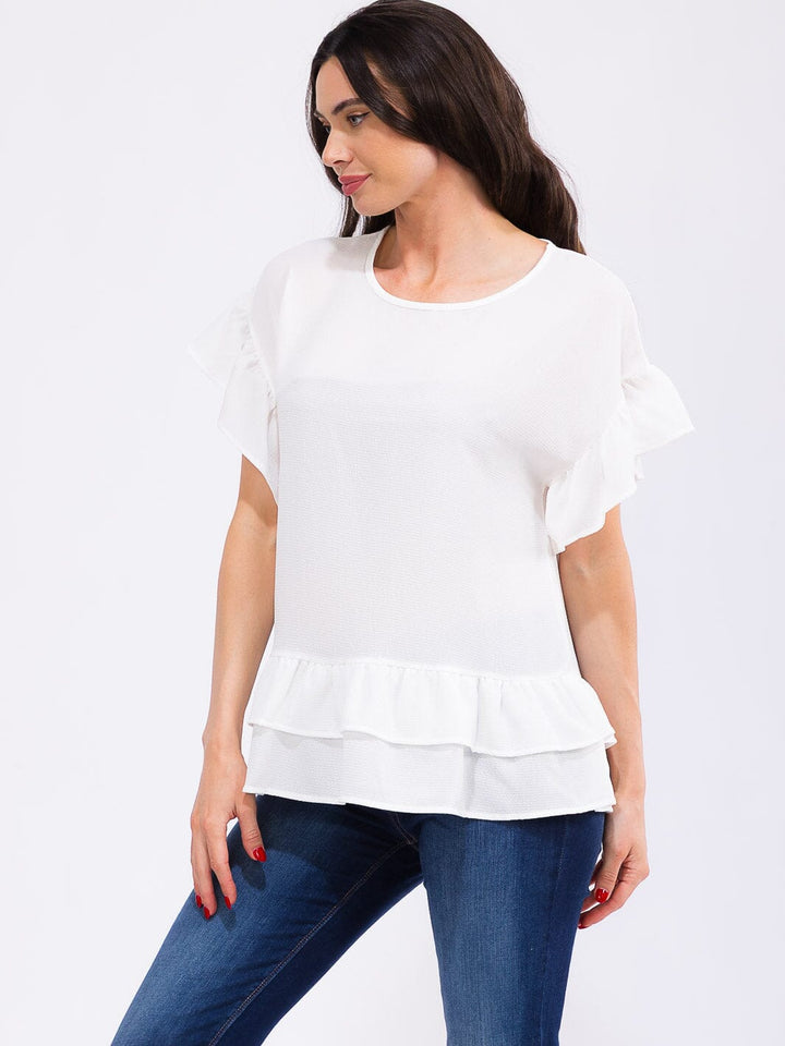 WOMEN'S SHORT RUFFLE SLEEVE TIERED BLOUSE