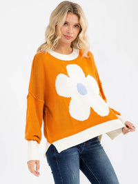 WOMEN'S LONG SLEEVE COLORBLOCK FLOWER PULLOVER KNIT SWEATER