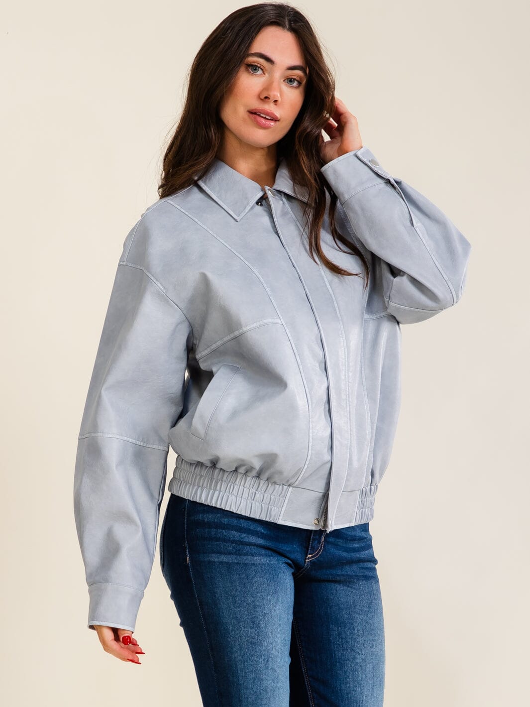 WOMEN'S LONG SLEEVE BUTTON CLOSURE ZIP UP FRONT POCKETS PU PLEATHER JACKET