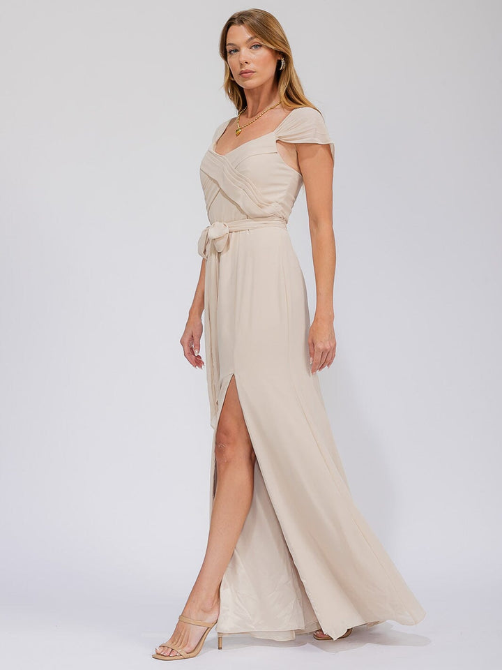 WOMEN'S SLEEVELESS DETAILED FRONT SLIT MAXI GOWN DRESS