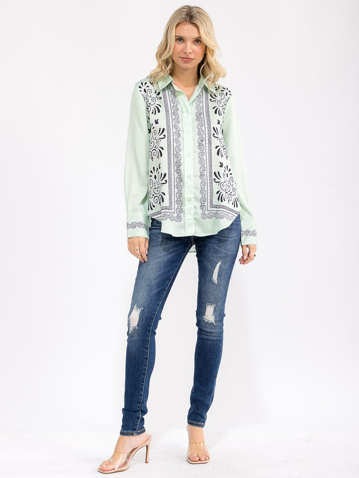 WOMEN'S LONG SLEEVE BUTTON UP PRINT BLOUSE