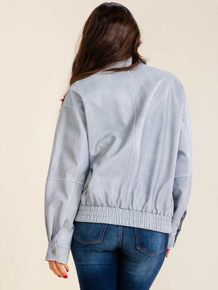 WOMEN'S LONG SLEEVE BUTTON CLOSURE ZIP UP FRONT POCKETS PU PLEATHER JACKET