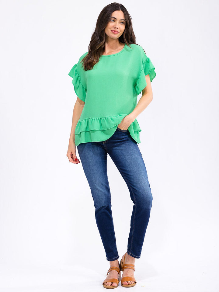 WOMEN'S SHORT RUFFLE SLEEVE TIERED BLOUSE