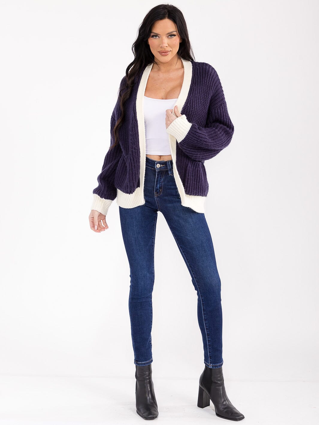 WOMEN'S LONG SLEEVE OPEN FRONT POCKETS COLORBLOCK KNIT CARDIGAN