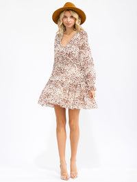 WOMEN'S LONG SLEEVE V-NECK SMOCK WAIST PRINTED MINI DRESS