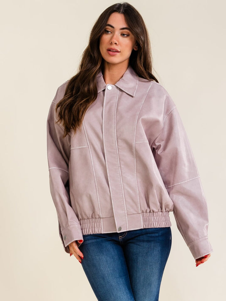 WOMEN'S LONG SLEEVE BUTTON CLOSURE ZIP UP FRONT POCKETS PU PLEATHER JACKET