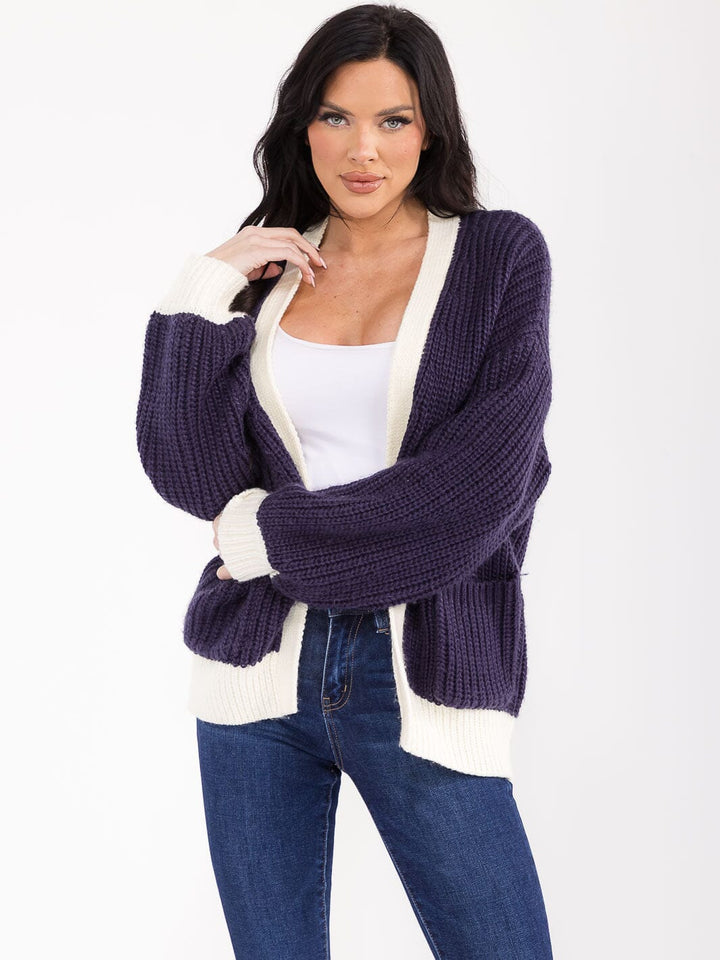 WOMEN'S LONG SLEEVE OPEN FRONT POCKETS COLORBLOCK KNIT CARDIGAN