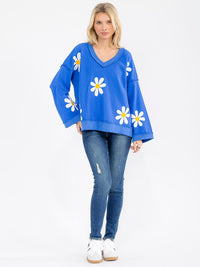 WOMEN'S LONG SLEEVE V-NECK FLORAL PRINT PULLOVER SWEATER