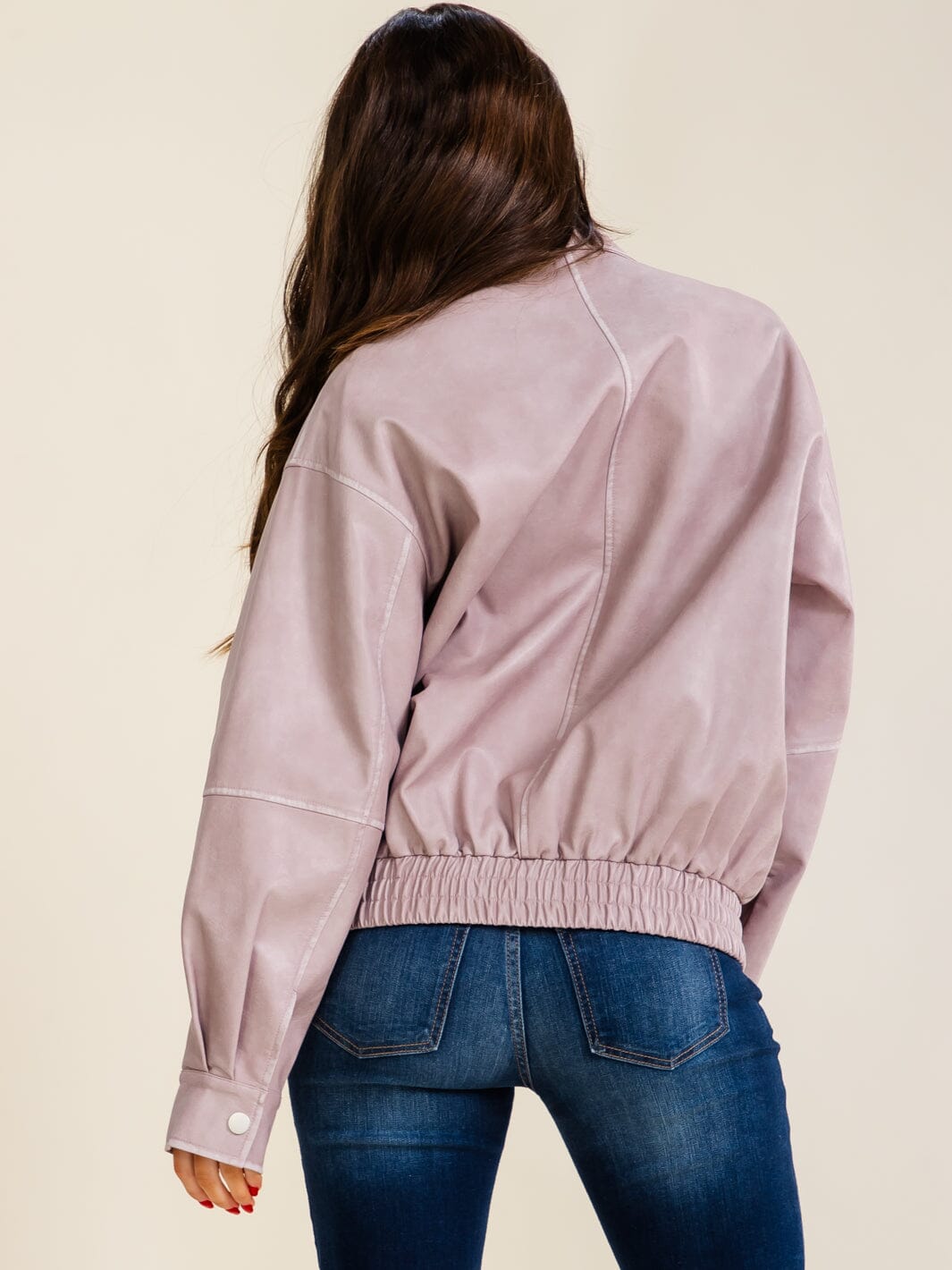 WOMEN'S LONG SLEEVE BUTTON CLOSURE ZIP UP FRONT POCKETS PU PLEATHER JACKET