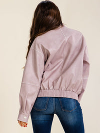 WOMEN'S LONG SLEEVE BUTTON CLOSURE ZIP UP FRONT POCKETS PU PLEATHER JACKET