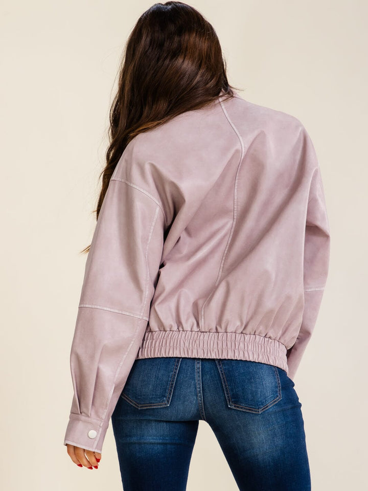 WOMEN'S LONG SLEEVE BUTTON CLOSURE ZIP UP FRONT POCKETS PU PLEATHER JACKET