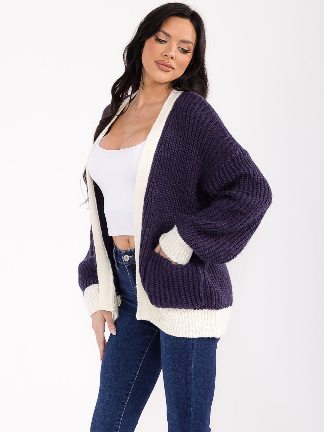 WOMEN'S LONG SLEEVE OPEN FRONT POCKETS COLORBLOCK KNIT CARDIGAN