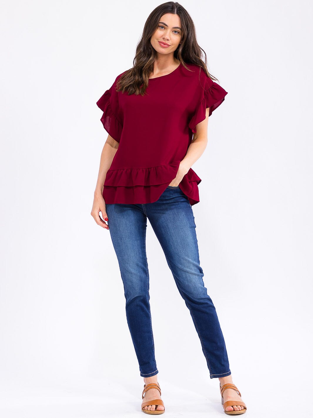 WOMEN'S SHORT RUFFLE SLEEVE TIERED BLOUSE