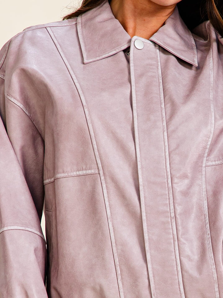 WOMEN'S LONG SLEEVE BUTTON CLOSURE ZIP UP FRONT POCKETS PU PLEATHER JACKET
