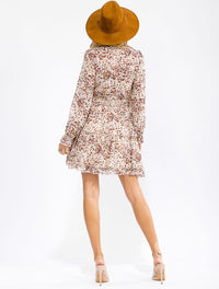WOMEN'S LONG SLEEVE V-NECK SMOCK WAIST PRINTED MINI DRESS