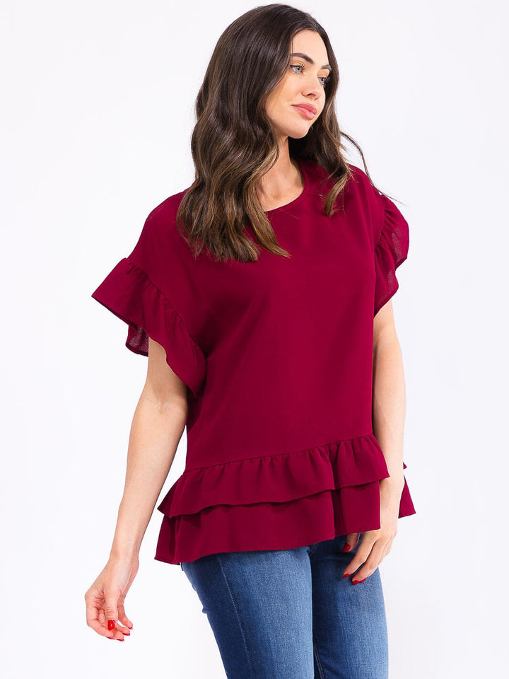 WOMEN'S SHORT RUFFLE SLEEVE TIERED BLOUSE