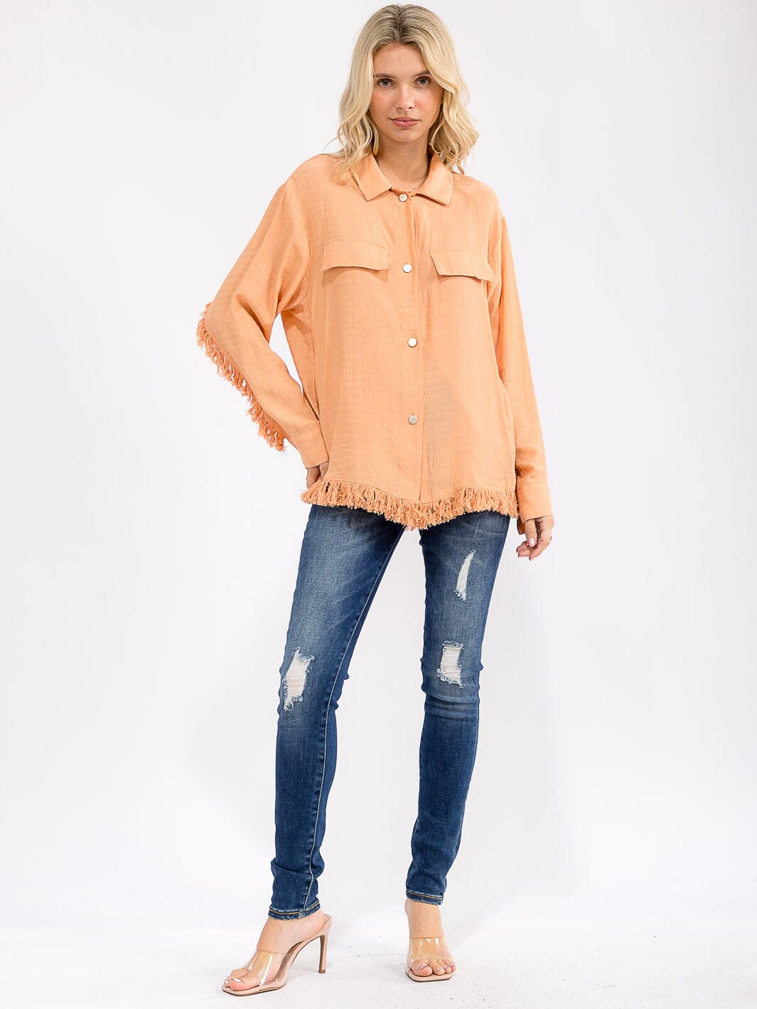 WOMEN'S LONG SLEEVE FRONT POCKET BUTTON UP FRINGE DETAILED TOP