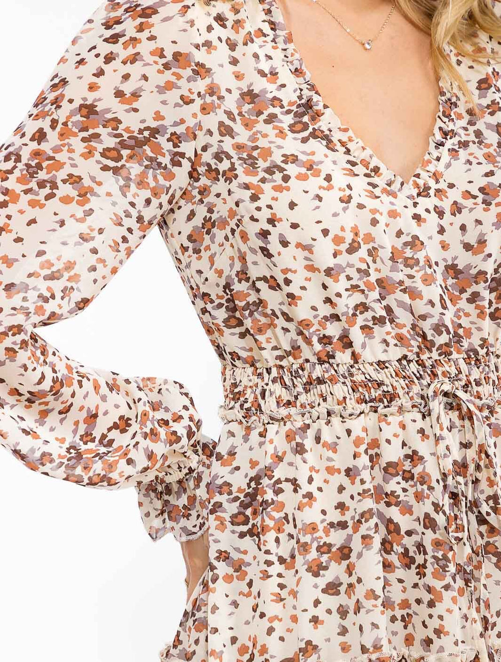 WOMEN'S LONG SLEEVE V-NECK SMOCK WAIST PRINTED MINI DRESS