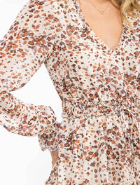 WOMEN'S LONG SLEEVE V-NECK SMOCK WAIST PRINTED MINI DRESS