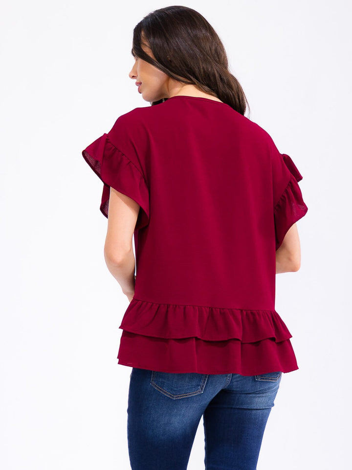 WOMEN'S SHORT RUFFLE SLEEVE TIERED BLOUSE