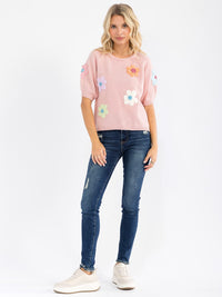 WOMEN'S SHORT SLEEVE FLOWERS KNIT BLOUSE