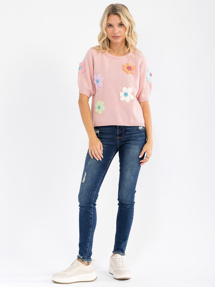 WOMEN'S SHORT SLEEVE FLOWERS KNIT BLOUSE