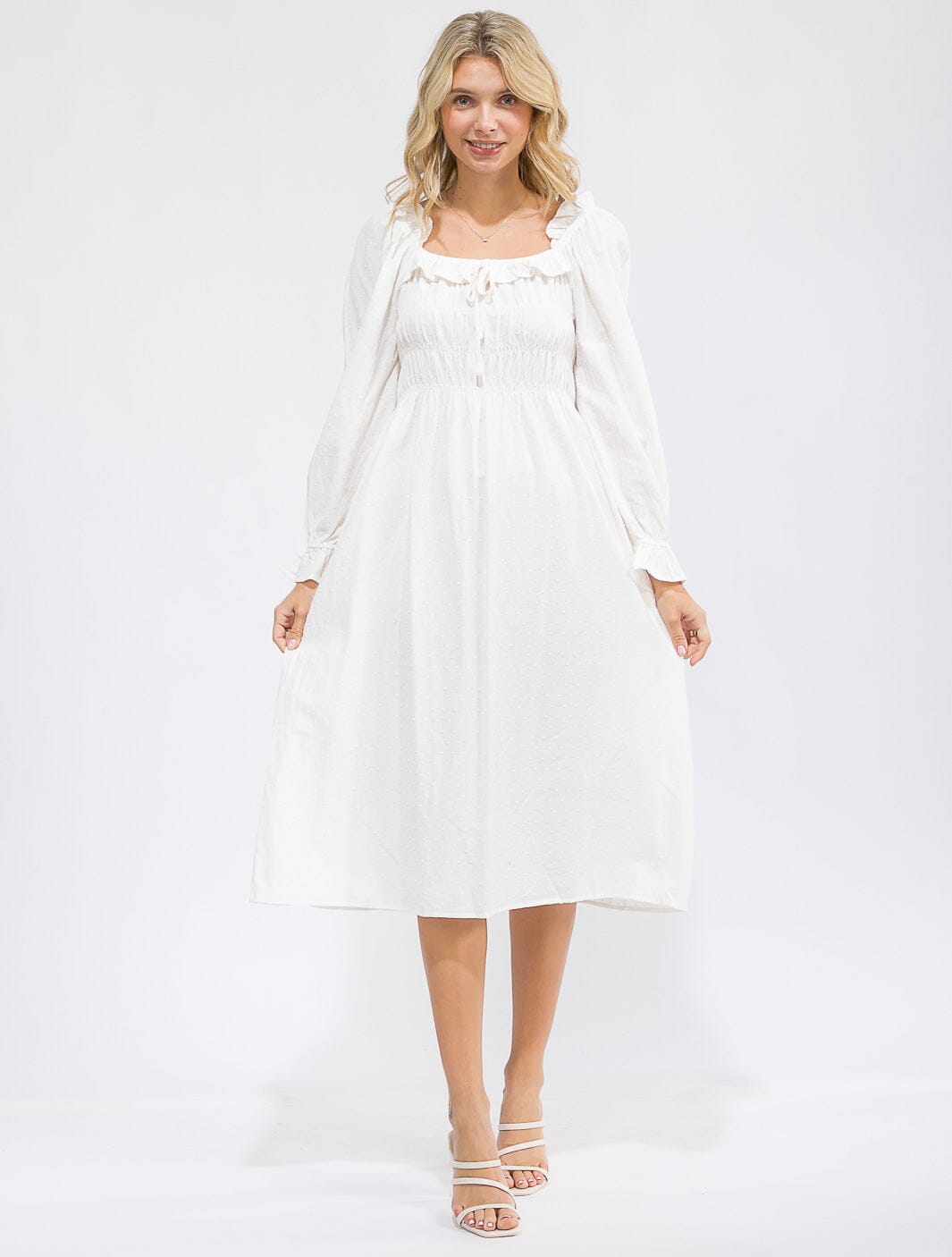 WOMEN'S LONG SLEEVE SMOCK RUFFLE SWISS DOTS MIDI DRESS