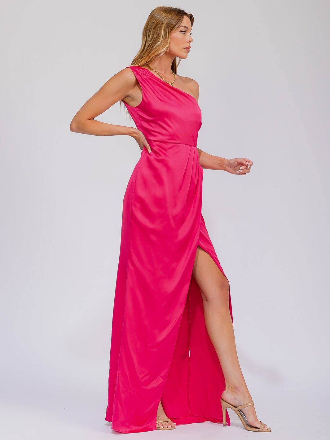 WOMEN'S SLEEVELESS ONE SHOULDER SURPLICE FRONT SLIT MAXI GOWN DRESS