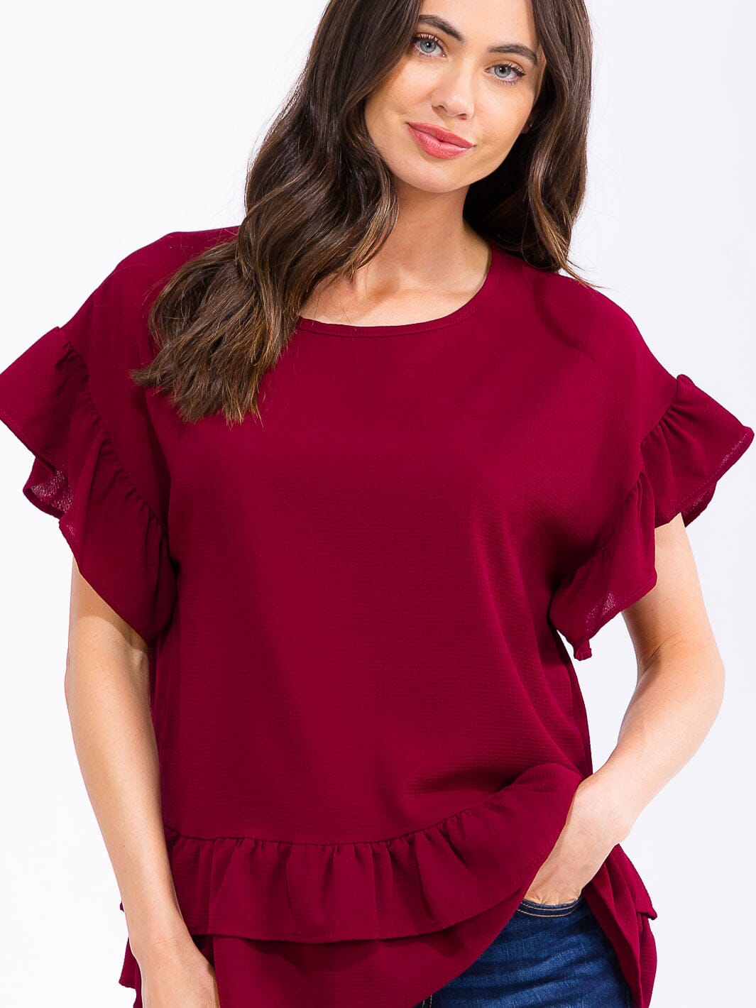 WOMEN'S SHORT RUFFLE SLEEVE TIERED BLOUSE
