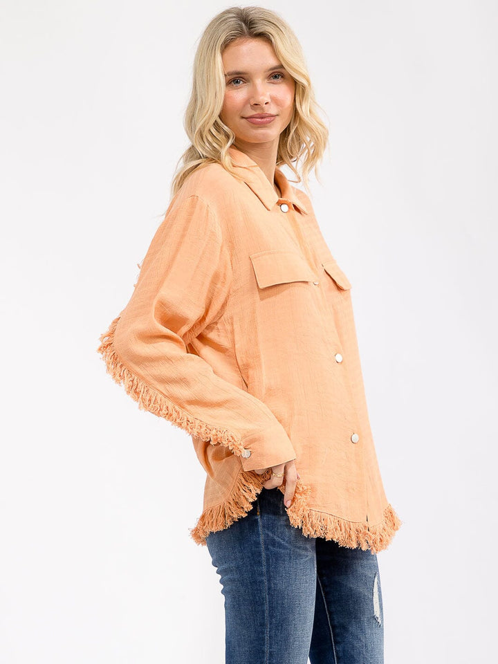 WOMEN'S LONG SLEEVE FRONT POCKET BUTTON UP FRINGE DETAILED TOP