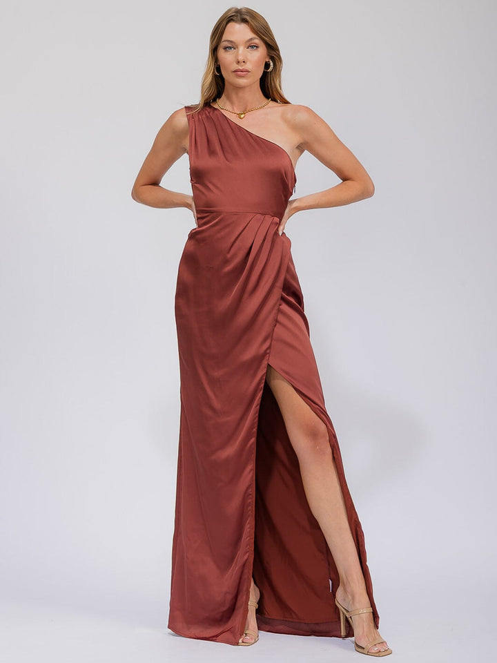 WOMEN'S SLEEVELESS ONE SHOULDER SURPLICE FRONT SLIT MAXI GOWN DRESS