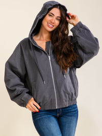 WOMEN'S LONG SLEEVE ZIP UP FRONT POCKETS HOODED DENIM JACKET