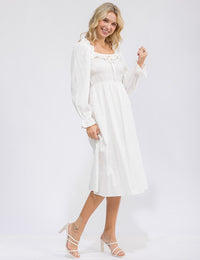 WOMEN'S LONG SLEEVE SMOCK RUFFLE SWISS DOTS MIDI DRESS