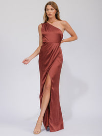 WOMEN'S SLEEVELESS ONE SHOULDER SURPLICE FRONT SLIT MAXI GOWN DRESS