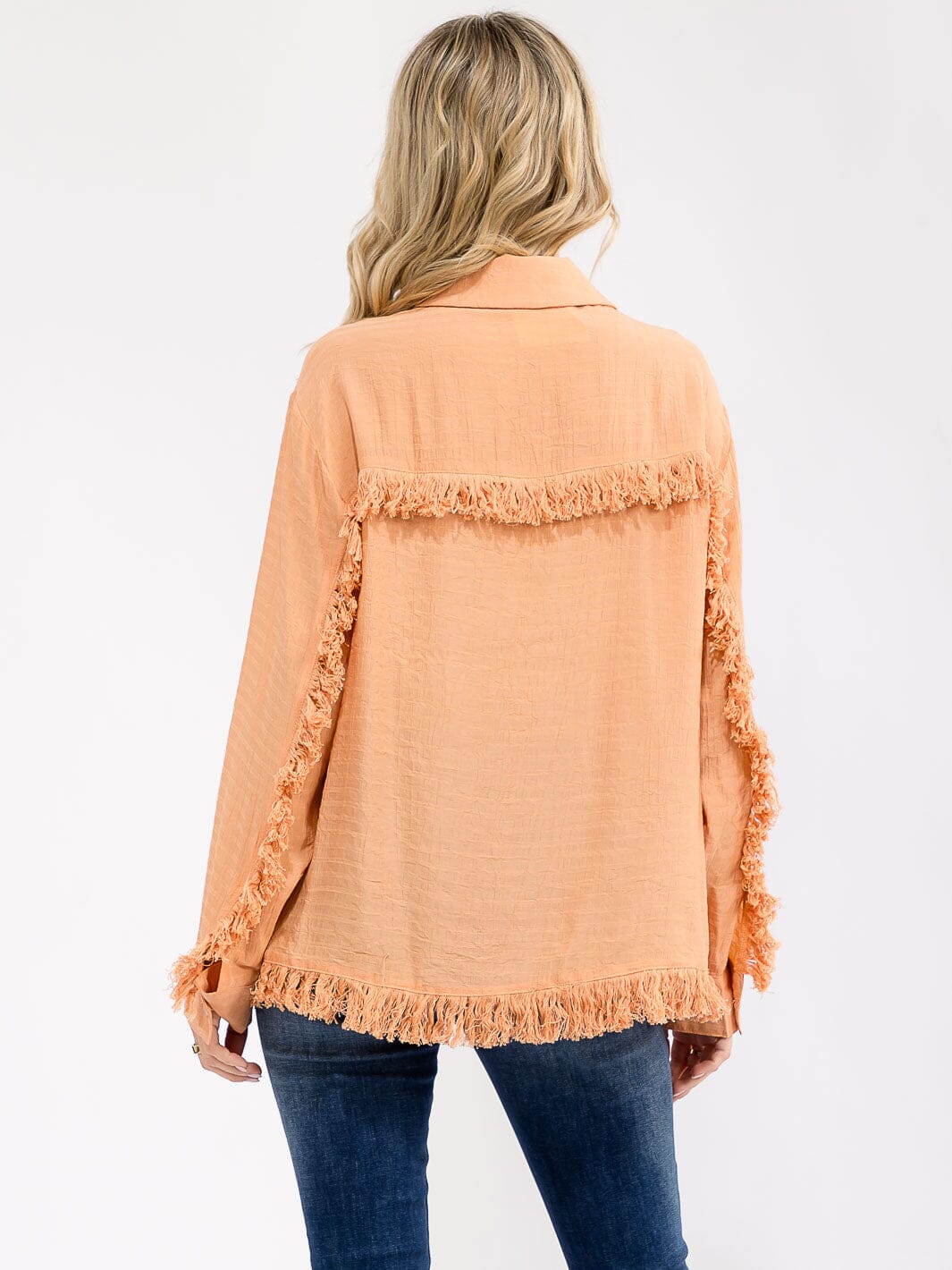 WOMEN'S LONG SLEEVE FRONT POCKET BUTTON UP FRINGE DETAILED TOP