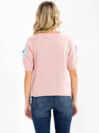 WOMEN'S SHORT SLEEVE FLOWERS KNIT BLOUSE