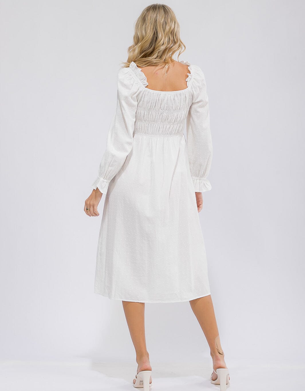 WOMEN'S LONG SLEEVE SMOCK RUFFLE SWISS DOTS MIDI DRESS