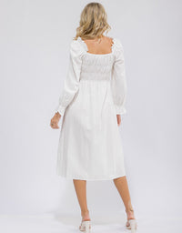 WOMEN'S LONG SLEEVE SMOCK RUFFLE SWISS DOTS MIDI DRESS