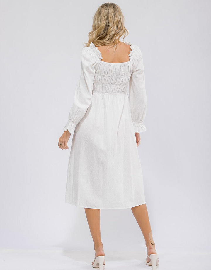 WOMEN'S LONG SLEEVE SMOCK RUFFLE SWISS DOTS MIDI DRESS