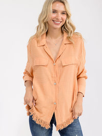 WOMEN'S LONG SLEEVE FRONT POCKET BUTTON UP FRINGE DETAILED TOP