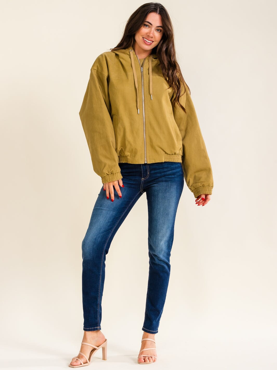 WOMEN'S LONG SLEEVE ZIP UP FRONT POCKETS HOODED DENIM JACKET