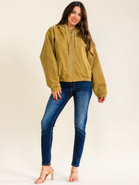 WOMEN'S LONG SLEEVE ZIP UP FRONT POCKETS HOODED DENIM JACKET