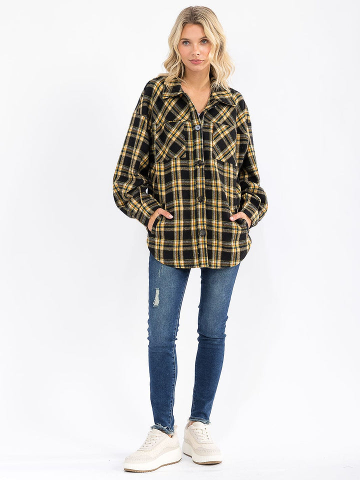WOMEN'S LONG SLEEVE BUTTON UP FRONT POCKETS BACK FRINGE PLAID SHACKET