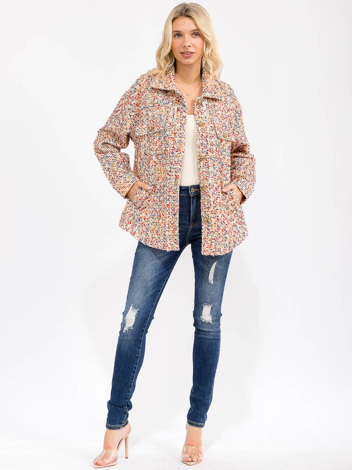 WOMEN'S LONG SLEEVE FRONT POCKETS BUTTON CLOSURE MULTI TWEED JACKET