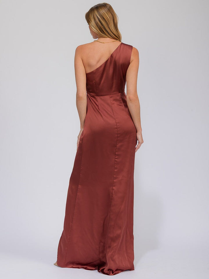 WOMEN'S SLEEVELESS ONE SHOULDER SURPLICE FRONT SLIT MAXI GOWN DRESS