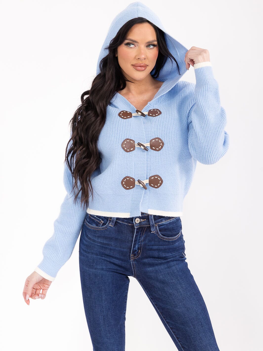 WOMEN'S LONG SLEEVE BUTTON CLOSURE HOODED KNIT SWEATER